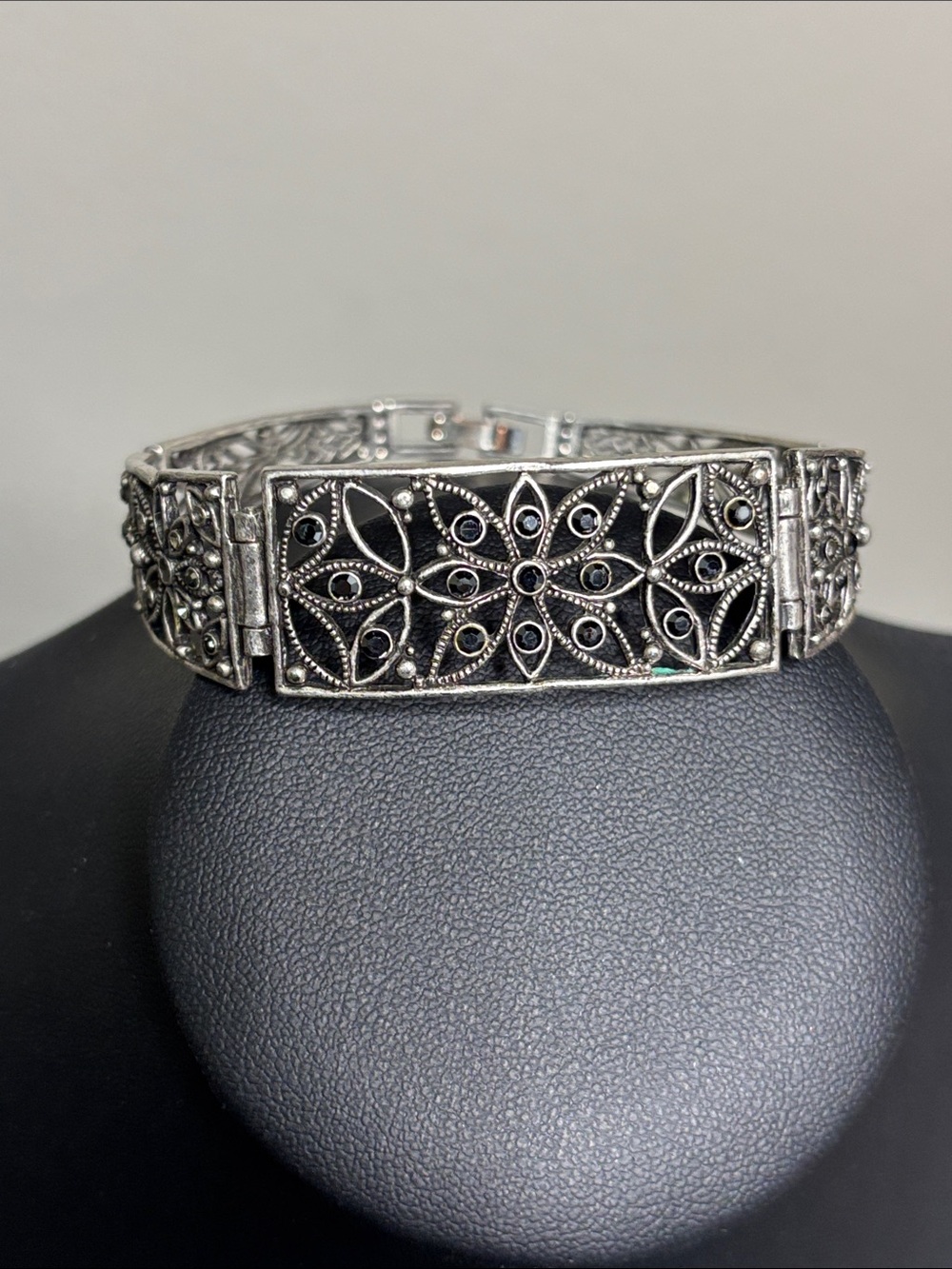 Vintage Panel Dainty Black Marcasite Floral Link Bracelet